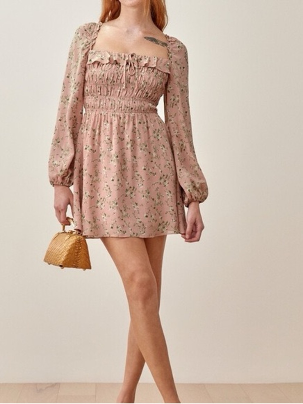 Reformation Morris Smocked Square-Neck Floral Mini Dress in Melody Print 🌸Blush - Picture 2 of 12